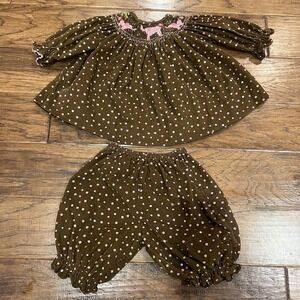 Amanda‎ Remembered Smocked Pants Set Girls 12 Months Pink Elephants Brown Outfit